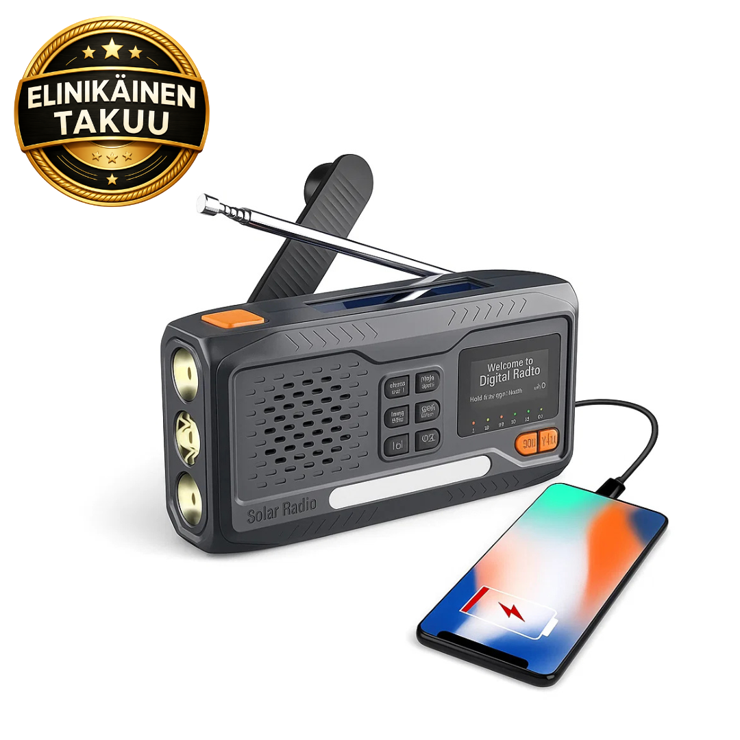 Hätäradio – DAB+/FM, varavirtalähde, taskulamppu ja käsikampi
